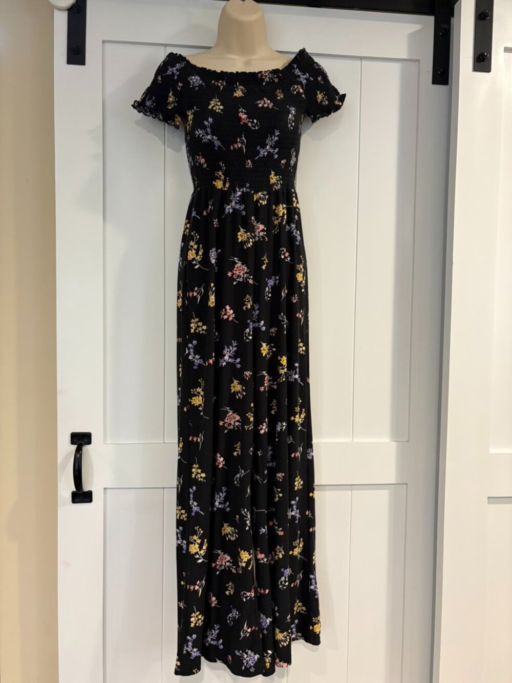 Rue 21 Black Floral Smocked Off Shoulder Wide Leg Jumpsut, size S